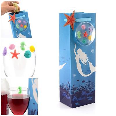 Blue Mermaid Bottiglia di Vino Regalo Sacchetto Regalo Festa Set con Marcatori di vetro in silicone