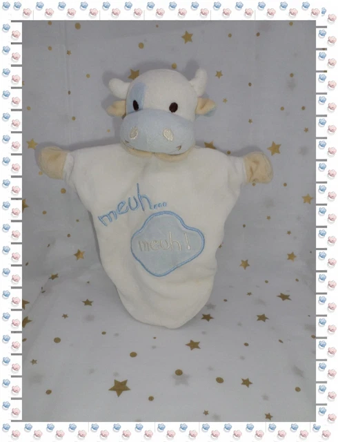 ③ -  Doudou Plat Marionnette Vache Blanc Bleu Meuh !!   Eveil et Tendresse CMP