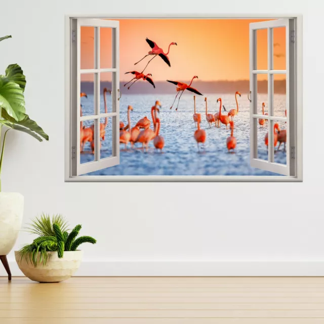 Pink Flamingos in Sun Natural 3d Window View Wall Sticker Poster Decal A149