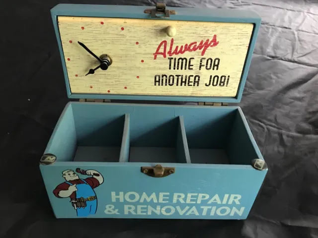 Unique Vintage advertising wooden box w/clock "home repair theme"