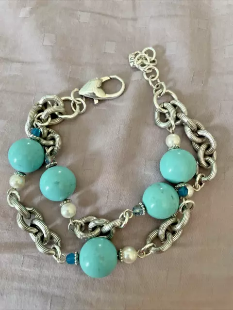 Brighton BAUBLE BATH turquoise double strand bracelet pearl crystal 9" long EUC