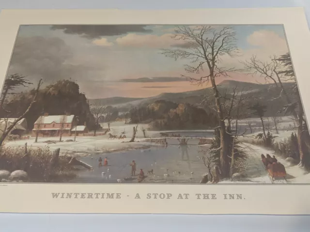 Currier & Ives Wintertime - A Stop At The Inn Vintage 1960s Reprint 16" x 11"