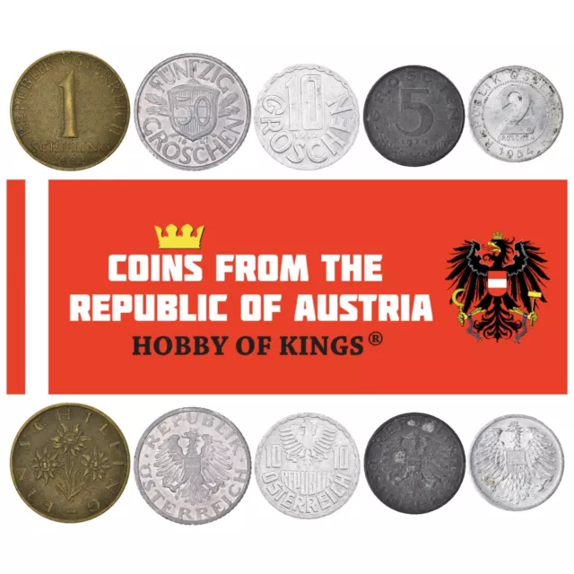 5 Austria Coins | Mixed Austrian Currency | Groschen | Schilling | 1945 - 2001