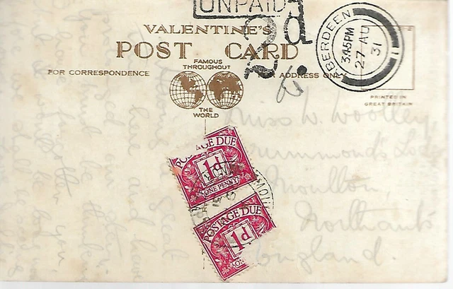 2 x  1d CRIMSON POSTAGE DUE AND 2d CACHET ON POSTCARD FROM ABERDEEN  REF 1481