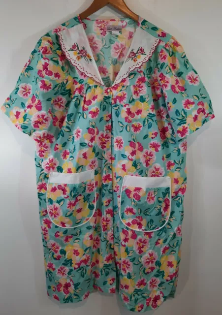 Lati Fashion Womens Muumuu House Dress 3X Floral Pockets Pearl Snaps Robe Vtg