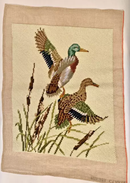 15" x 12" Hand Embroidered Mallard Duck Male & Female Needle Point Decorative