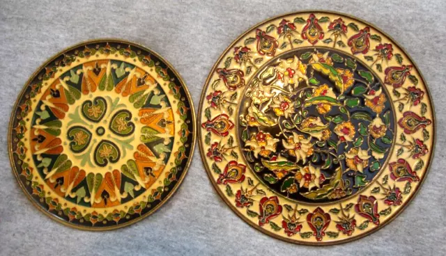 2 Enamel Bronze & Copper Hand Painted PLATES G Halkides Greece 7.5" 6.25" Tagged