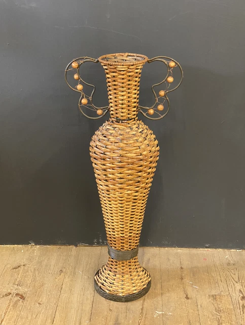 Large Floor Standing Wicker And Metal  Dried Flower Vase / Urn Vintage