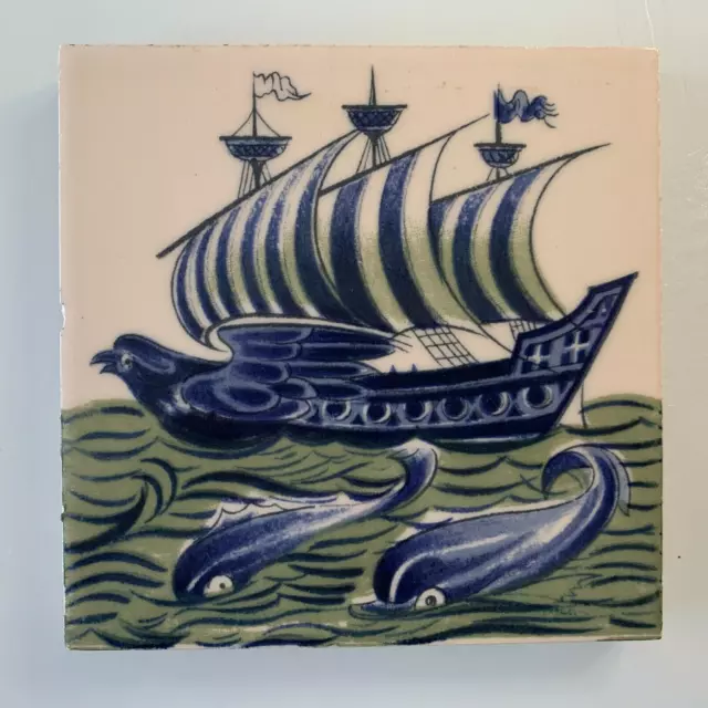 William de Morgan Style design tile Sailing ship with sails (C)