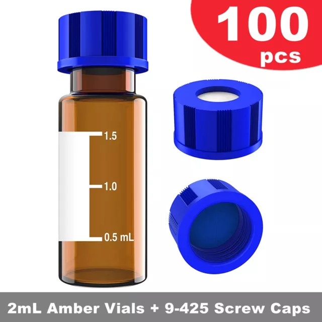 100pcs 2ml Autosampler HPLC Vials Preslit Caps Amber Bottle Fits Agilent Thermo