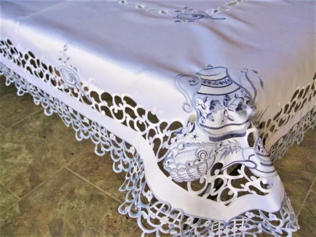 Handcut Tablecloth w/ Embroidered Delft Blue Teapot  67x102" - Pure White Fabric