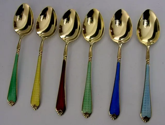 Six Beautiful English Sterling Silver Gilt Enamel Spoons 1957 3