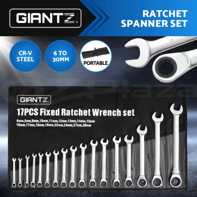 Giantz 17 PCS 6MM-30MM Ratchet Spanner Set Metric Open CR-V w/ Rolling Pouch