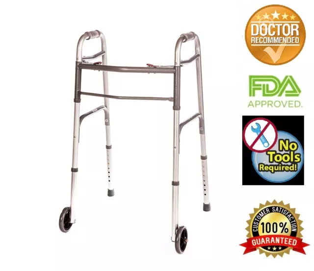 Walker Folding Adult Deluxe 2 Button with Front 5" Wheels by Healthline