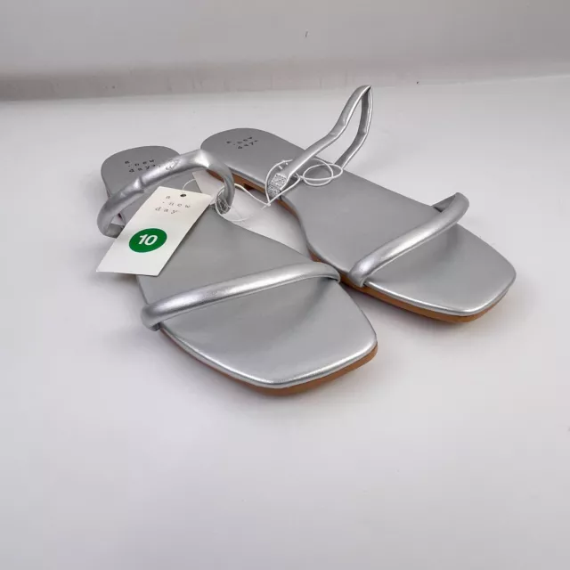 A New Day Women's Size 10 Winnie Two Band Slip On Flat Sandals Silver