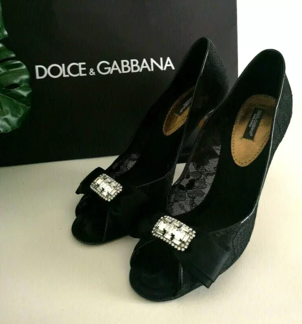 Dolce&Gabbana Bellucci Black Lace and Rhinestone Bow Pumps Size UK6 RRP £620.00 2