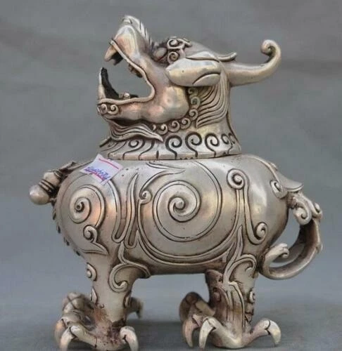 Marked Old Chinese Folk Pure Silver Lion Beast Statue Incense Burner Censer