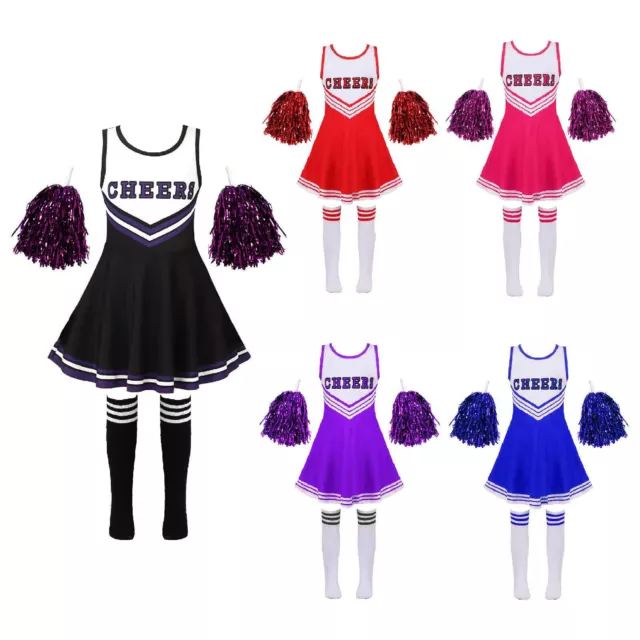 iEFiEL Cheer Leader Kostüm Mädchen Cheerleading Uniform Kleid mit Pompoms Socken