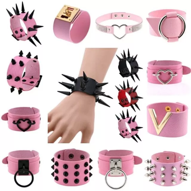 Boho Spike Bracelets Punk Vegan Goth Pink PU Leather Bracelets Cuff Bangles