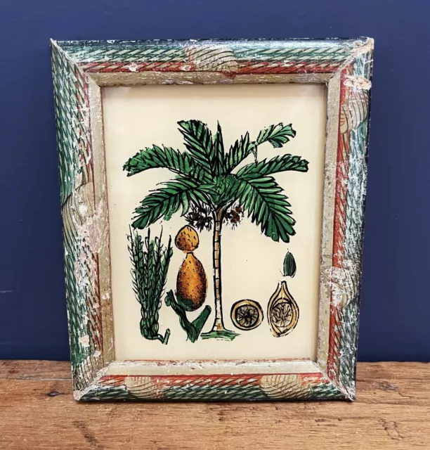 Mini Indian Reverse Glass Painting Vintage Art Picture Coconut Palm Tree