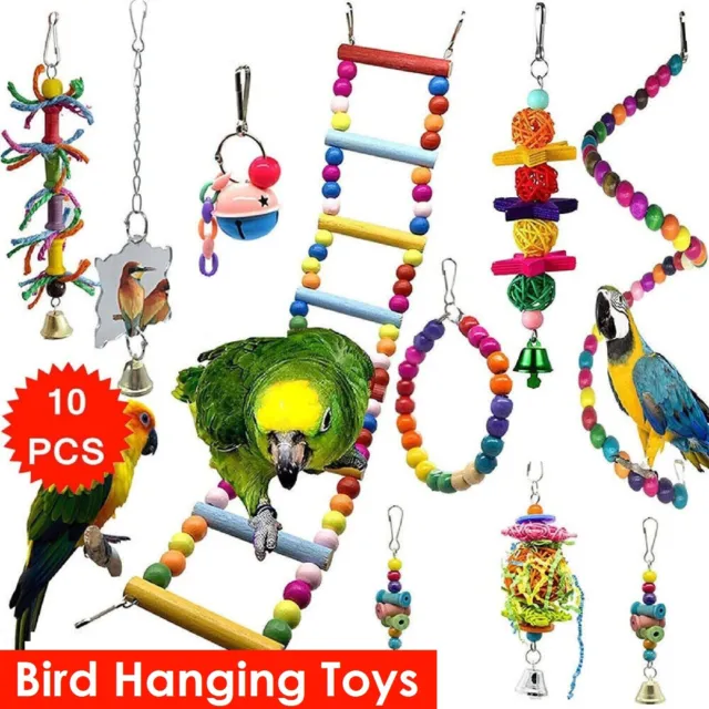 10PCS Bird Toys Parrot Swing Toys Chewing Hanging Bell Cockatiel Cage Toy Set