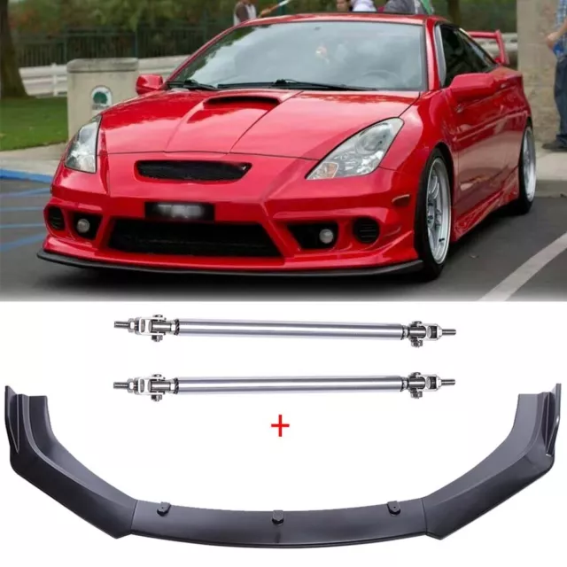 BLACK FRONT BUMPER Lower Lip Spoiler Splitter Strut Rods For