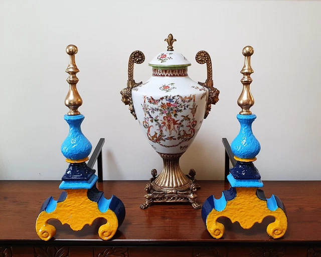 Decoración de chimenea - Antiguo par de perros de fuego victorianos / Andirons