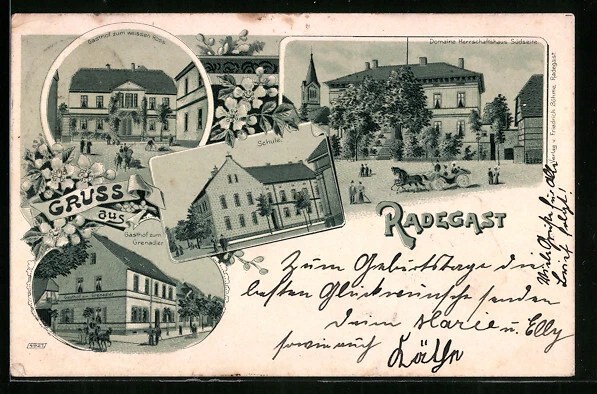 Lithographie Radegast, Gasthof zum weißen Ross, Gasthof zum Grenadier und Domai