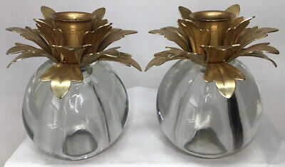 Pair Brass Petal Leaf & Round Glass Candle Holders Candlesticks Mid Century Mod