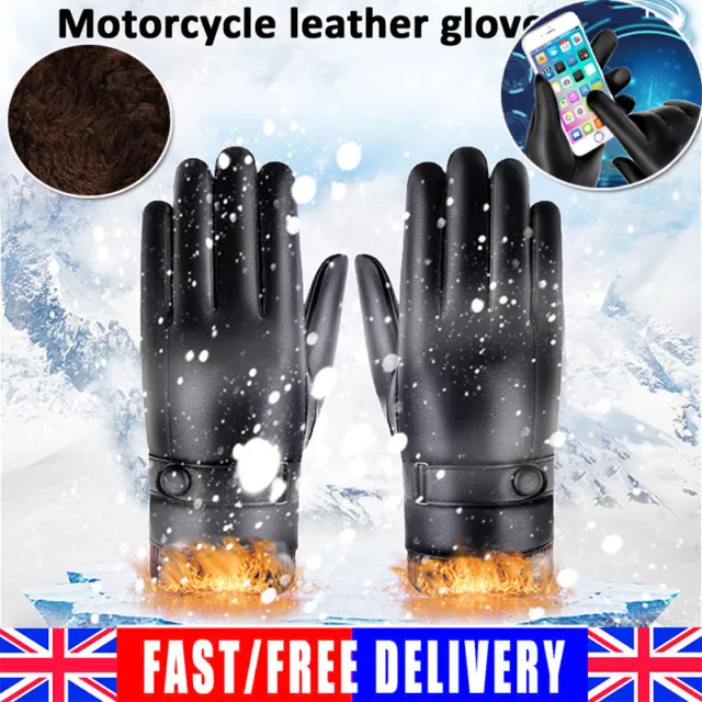 Mens Winter Thermal Faux Fur Lined Touch Screen Black Pu Leather Gloves Driving