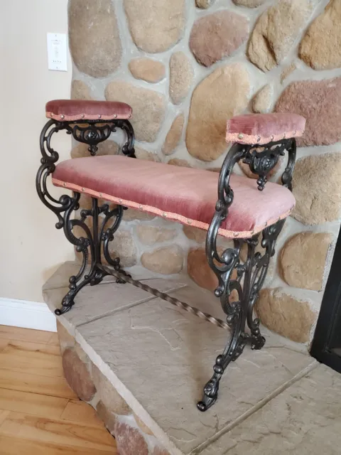 Antique Ornate Cast Iron Upholstered Fireside Bench Stool Piano - duck head feet
