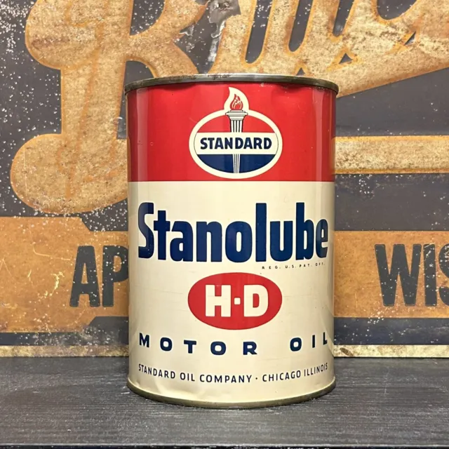 Standard Stanolube H-D Motor Oil Can 1 Quart Metal Full Original NOS Amoco Shop