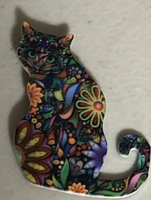 Kitty Cat Pin Brooch Acrylic Happy Floral Black Cat Flowers Must have. meow