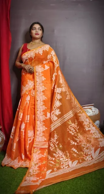 Traditional Ethnic Wear Dhakai Jamdani Saree Indian Hand made Cotton Bleand Sari