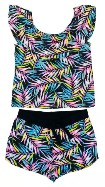 Girls 2 Piece Summer Outfit Green Pink Neon Tropical Crop Top Short Set 7-14 Yrs