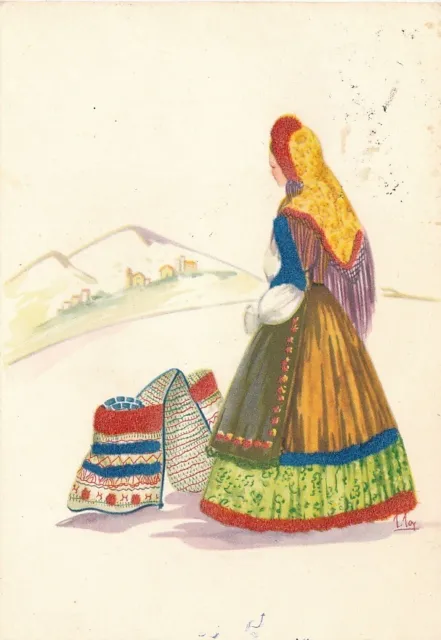 Cartolina Costumi Sardegna Dorgali Tempera di Lola Loy Viaggiata Anno 1956