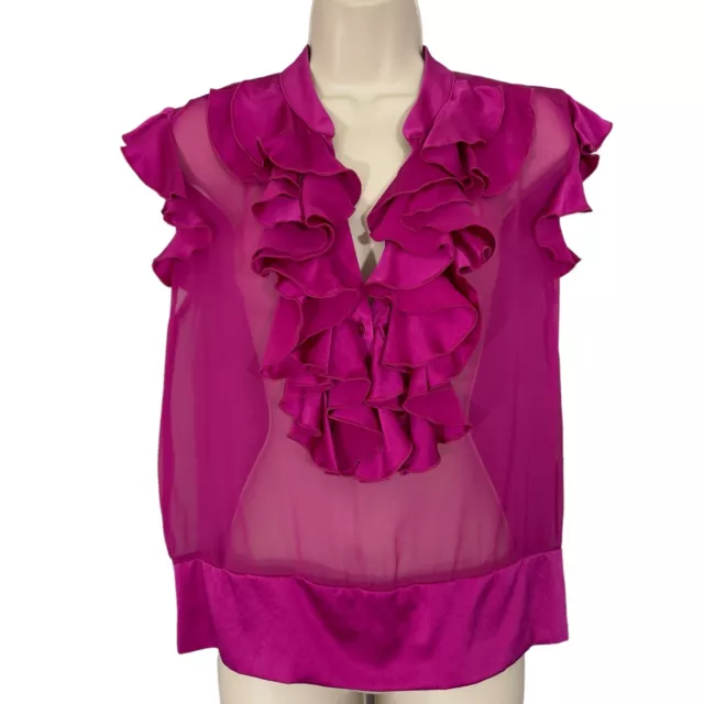 Amanda Uprichard Womens Top Small Fuchsia Hot Pink Silk Ruffle Neck Sheer Blouse