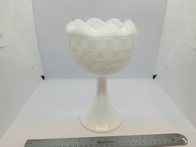 Vintage Milk Glass Pedestal Compote Candy Nut Dish Diamond Star Quilted Pattern