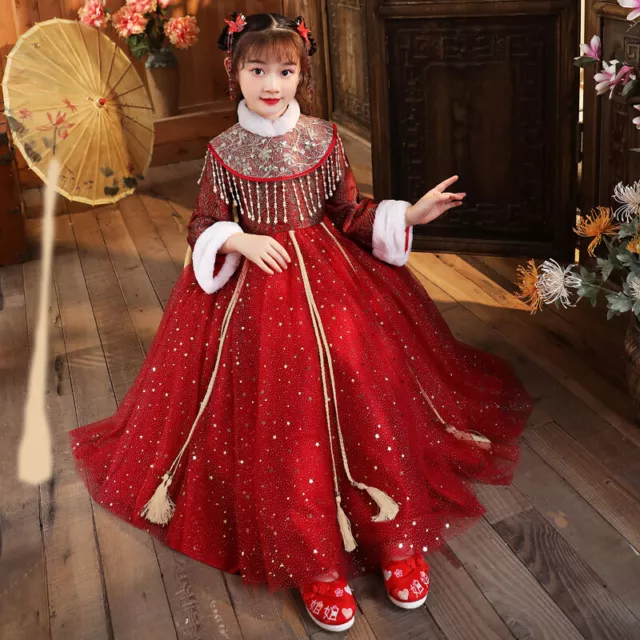 Ragazza Hanfu Abito Ricamato Pelliccia Finta Bordo con Nappa Avvolgere Spesso 3