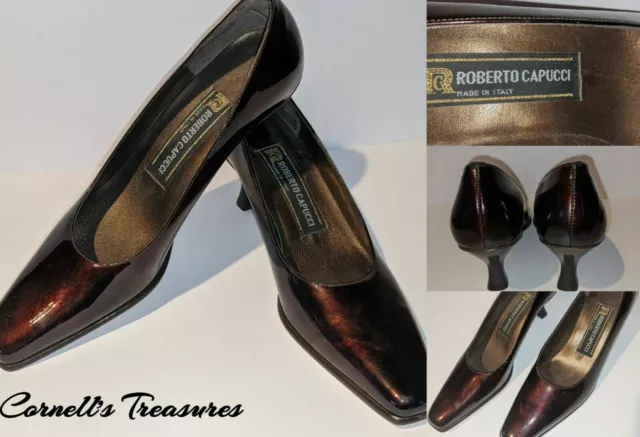 Vintage Italian Brown Patent Leather Pumps 9.5 AAAA Wide From Roberto Capucci