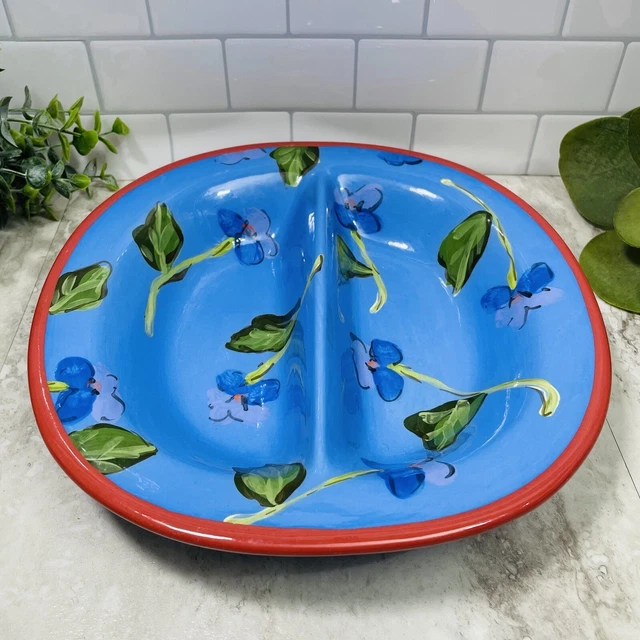 Droll Designs Hand Painted Art Pottery Divided Dish Bowl Blue Violet Red Trim