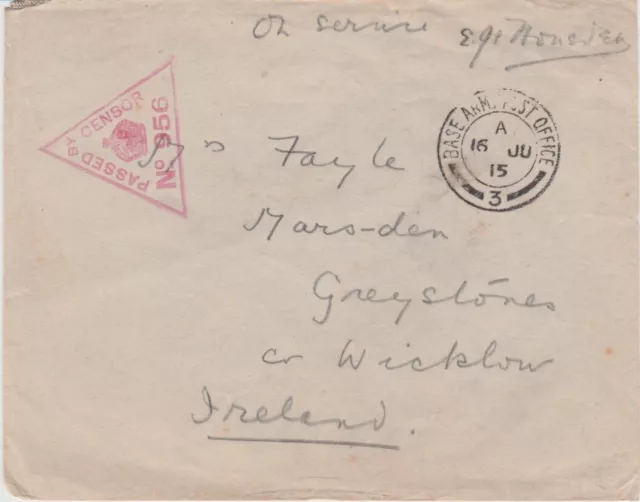 Great Britain-1915 WW1 Base Army Post Office 3 Boulogne, France cover to Ireland