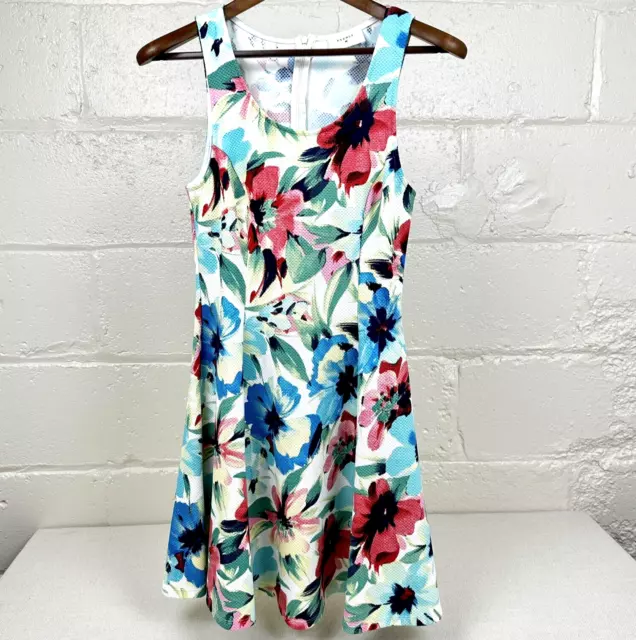 Everly Floral Fitted Dress High Neck, Blue Pink Midi Womens Size Medium