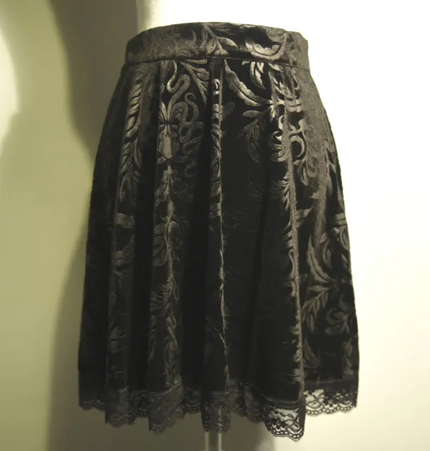 Black Velvet Jacquard Embossed Lace Frill Skirt with Zip Small 8-10 Gothic