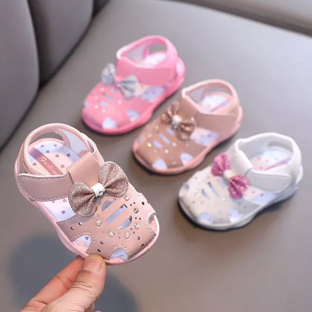 Baby Girls Bow Flat Sandals Summer Toddlers Walking Anti-slip Slippers Shoes UK
