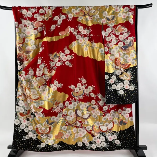 Japanese Silk Kimono Vintage Furisode Gold Cherry Blossom Butterfly Dyed Red 63"