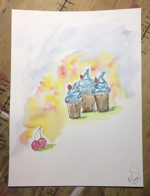 Maria Scalf Cupcake Cherry Cherries Cake Bake Baking Food 9x12 ORIGINAL PAINTING