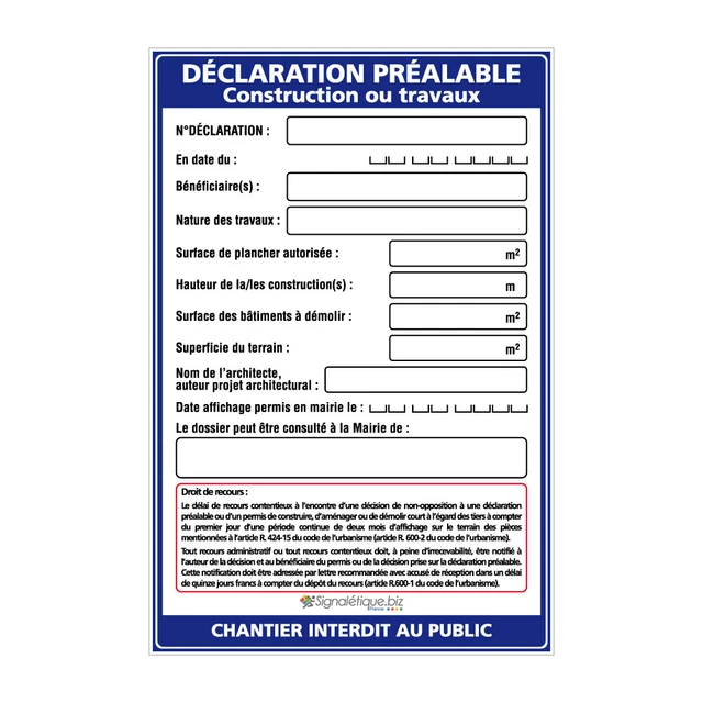 Panneau Déclaration Préalable Construction ou Travaux + marqueur noir (W1033). P
