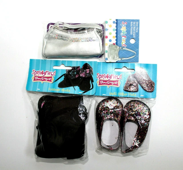 Springfield Doll Accessories Glitter Flat Shoes, Foldover Boots & Silver Purse