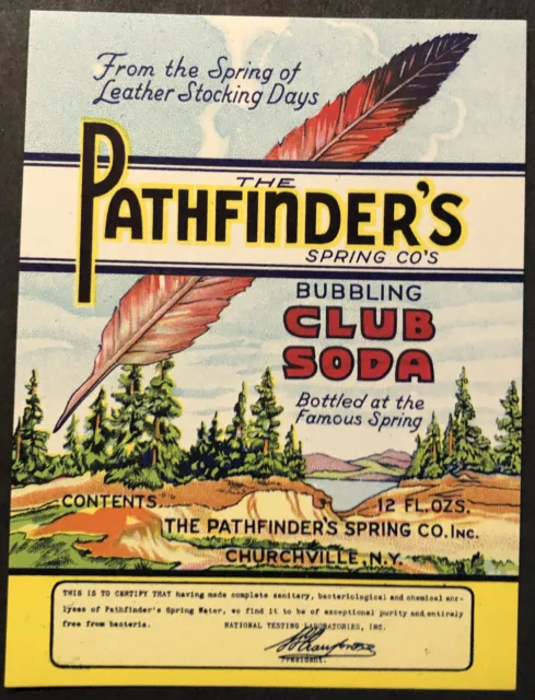 PATHFINDER'S CLUB SODA  Original Unused Vintage Soda Label Churchville, N.Y.